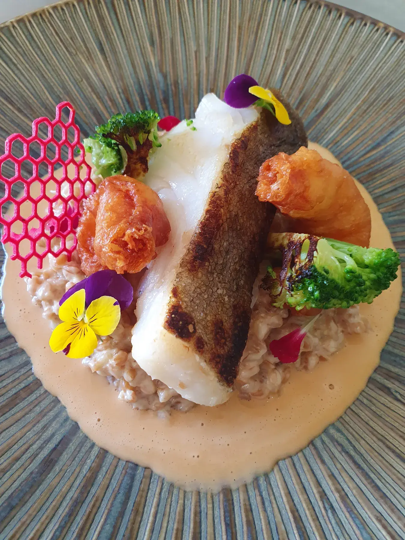 Filet de poisson snacké, beignets de gambas et céréales crémeuses