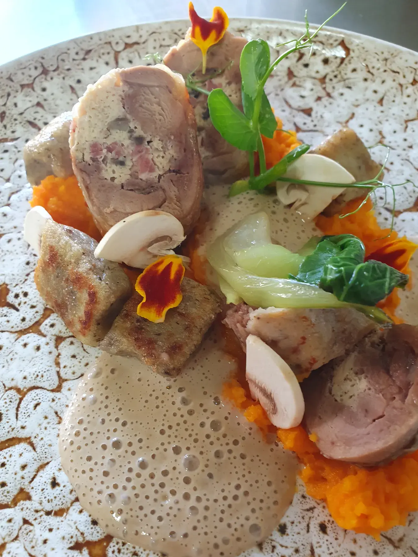 Viande farcie, gnocchis dorés, champignons et écrasé de carottes
